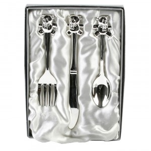 Silver Plated Knife, Fork & Spoon Set With Teddy Tops